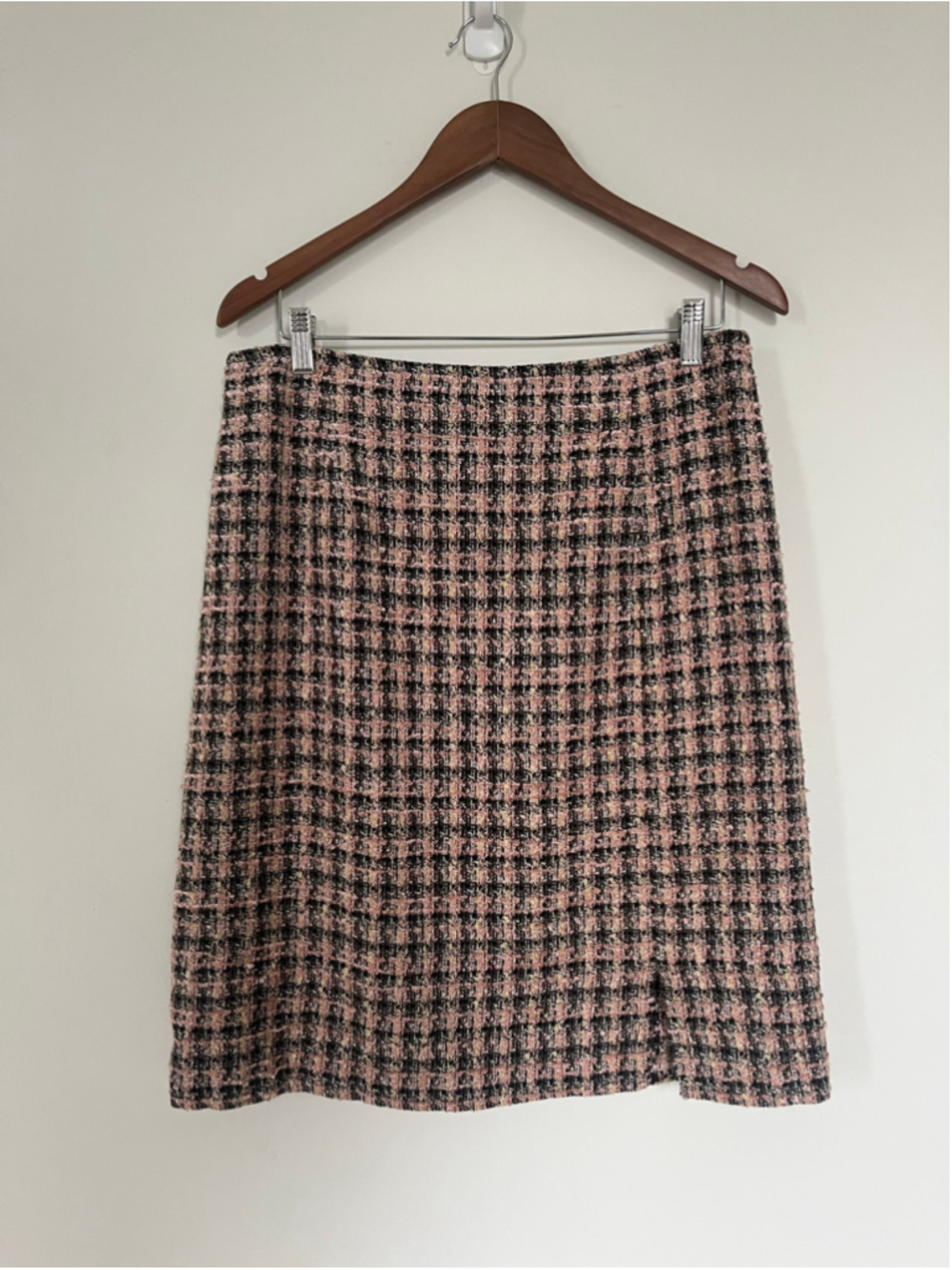 100% Wool Pink Tan Black Tweed Above the Knee Pencil Skirt Sz 10 Lucien Daunois